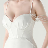 Women lace mesh herringbone Lace-Up beaded Formal Party evening dress
