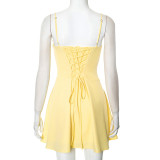 Women Lace Gathered Suspender Lace-Up Dress