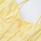 Women Lace Gathered Suspender Lace-Up Dress