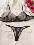 Women hollow mesh flower embroidery gathered bra See-Through Sexy Lingerie Set