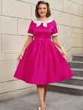 Plus Size Contrast Color Polka Dot Rose A-Line Career Dress