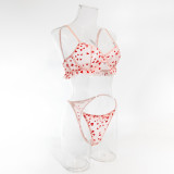 Women Sexy Lace See-Through Heart-shaped flocking Sexy Lingerie Two Piece Set