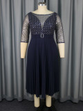 Mesh Patchwork Sequins Round-Neck Pleated A-Line Dress