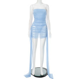 Women Mesh Strapless Ribbon Gathered Dress