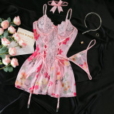 Women Lace Patchwork floral sexy cross Lace-Up body shaper Two Piece Set