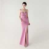 Women herringbone Lace-Up wrapped chest pleated hollow Formal Party evening dress