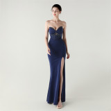 Women herringbone Lace-Up wrapped chest pleated hollow Formal Party evening dress