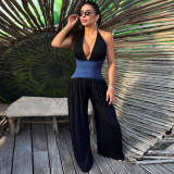 Women Spring and Summer Halter Neck Lace-Up Contrast Zipper Strapless Wide-leg Jumpsuit