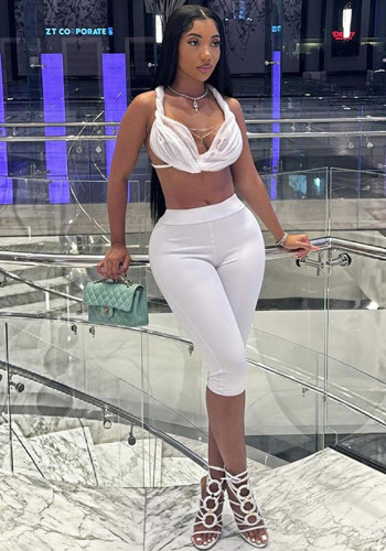 Women Halter Neck Backless Lace Tank Top and Solid Cropped Pants two-piece set