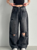 Women Ripped Waist Adjustable Denim Wide Leg Pants