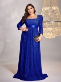 Plus Size Women Sequin Blue Long Sleeve Formal Party Evening Dress