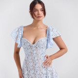 Women retro lace V-neck sexy short-sleeved Maxi Dress
