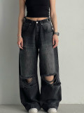 Women Ripped Waist Adjustable Denim Wide Leg Pants