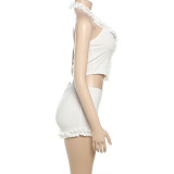 Women Spring Summer Solid Sexy Ruffle Halter Neck Top and Shorts Two-Piece Set