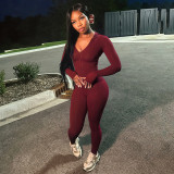 Women trendy sports long-sleeved v-neck zipper Top and trousers two-piece set