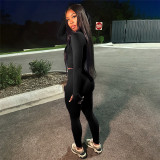 Women trendy sports long-sleeved v-neck zipper Top and trousers two-piece set