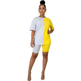 Women Summer Casual Color Block Round Neck Top and Shorts Two-piece Set