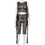 Women Spring and Summer Lace Ruffle Round Neck Tank Top and Capri Pants Two-piece Set