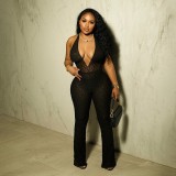 Women sexy Halter Neck V-neck lace See-Through Lace Backless Jumpsuit