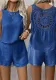 Women Solid Back Hollow Lace Top and Shorts Two-piece Set