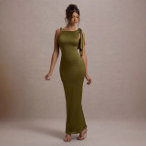 Women summer one-shoulder ribbon Solid dress