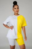 Women Summer Casual Color Block Round Neck Top and Shorts Two-piece Set