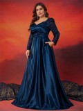 Plus Size Women Sequin Patchwork V-neck Long Sleeve Evening Dress