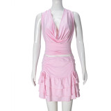 Women Hollow Crop Lace-Up Top and Skirt Two-piece Set