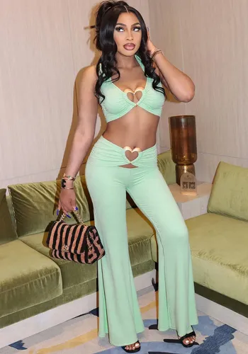 Women Spring and Summer Lace-Up Halter Neck Strapless Top and Gathered Pants Two-Piece Set