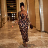 Women sexy Halter Neck Lace Crop Backless Leopard Maxi Dress