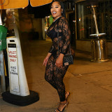 Women Street Sexy See-Through Round Neck Long Sleeve Lace Jumpsuit