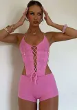 Women Spring Summer knitting Sexy Hollow Solid Halter Neck Lace-Up Backless Cargo Shorts