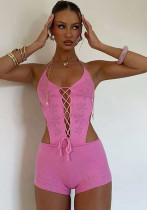 Women Spring Summer knitting Sexy Hollow Solid Halter Neck Lace-Up Backless Cargo Shorts