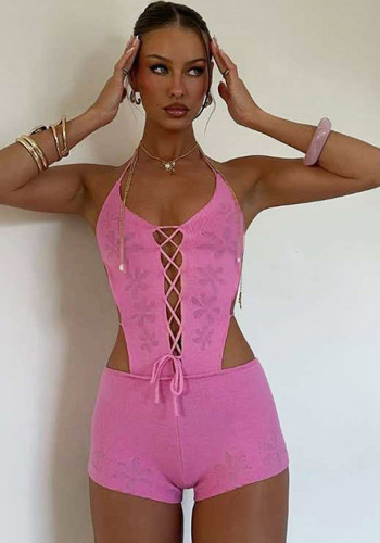 Women Spring Summer knitting Sexy Hollow Solid Halter Neck Lace-Up Backless Cargo Shorts