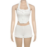 Women Spring Summer Solid Sexy Ruffle Halter Neck Top and Shorts Two-Piece Set