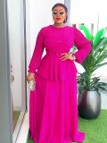 Plus Size African Women ruffle patchwork pleated long-sleeved dress