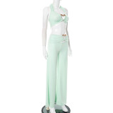 Women Spring and Summer Lace-Up Halter Neck Strapless Top and Gathered Pants Two-Piece Set
