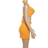 Women Spring Summer Sexy Halter Neck Lace Beaded Suspender Top and Skirt Two-Piece Set