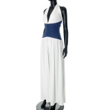 Women Spring and Summer Halter Neck Lace-Up Contrast Zipper Strapless Wide-leg Jumpsuit