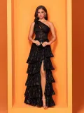 Women Elegant Slash Shoulder Slit Cascading Ruffles Evening Dress