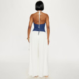Women Spring and Summer Halter Neck Lace-Up Contrast Zipper Strapless Wide-leg Jumpsuit