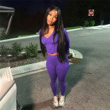 Women trendy sports long-sleeved v-neck zipper Top and trousers two-piece set