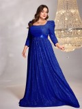 Plus Size Women Sequin Blue Long Sleeve Formal Party Evening Dress