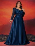 Plus Size Women Sequin Patchwork V-neck Long Sleeve Evening Dress