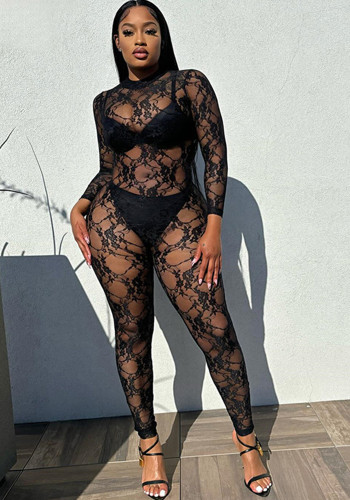 Women Street Sexy See-Through Round Neck Long Sleeve Lace Jumpsuit