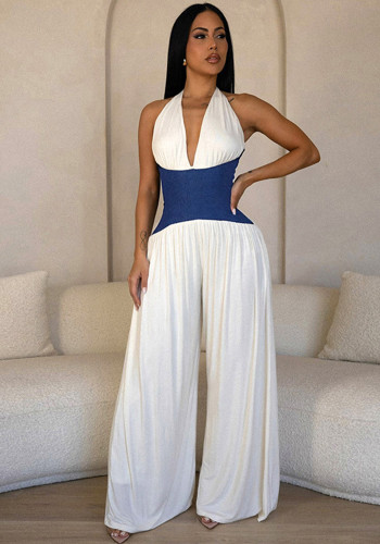 Women Spring and Summer Halter Neck Lace-Up Contrast Zipper Strapless Wide-leg Jumpsuit