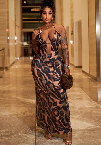 Women sexy Halter Neck Lace Crop Backless Leopard Maxi Dress