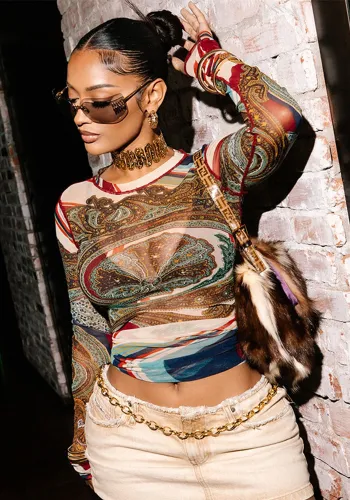 Women Style Street Half-High Neck Long Sleeve Mesh Abstract Print T-shirt