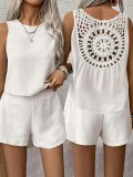 Women Solid Back Hollow Lace Top and Shorts Two-piece Set