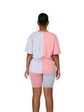 Women Summer Casual Color Block Round Neck Top and Shorts Two-piece Set